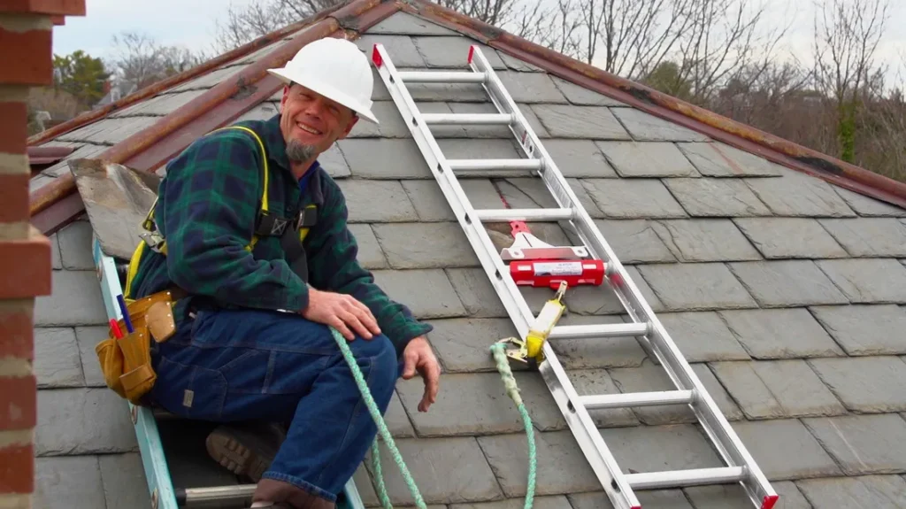 using a ladder on a roof slope